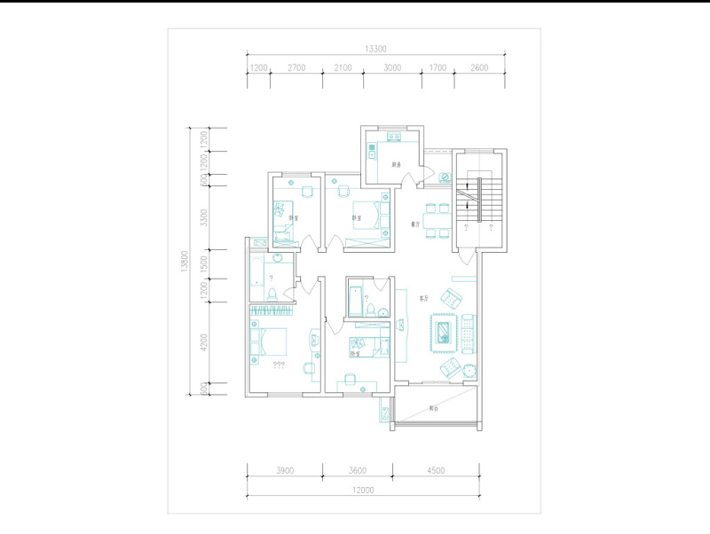 CAD家居户型图四室两厅